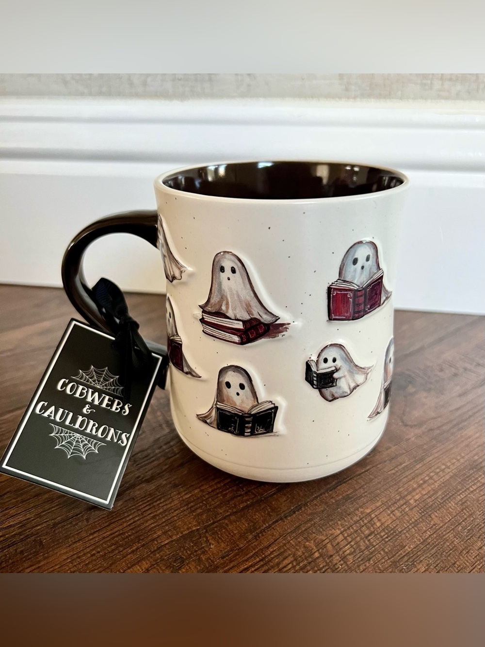 Cobwebs & Cauldrons Ghost Reading Book Ceramic Coffee Mug